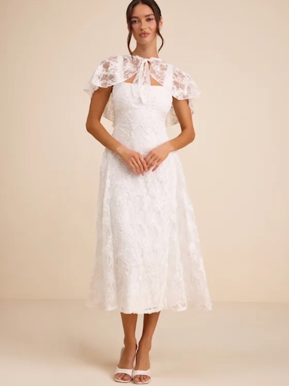 Lulu's White Lace Midi Dress with Capelet Tie